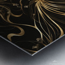 A swirling abstract design featuring vibrant golden and dark black elements creating a dynamic flower-like shape. Delicate elongated tendrils extend outward interspersed with bright shimmering points of light against a dark background conveying a sense... Metal print