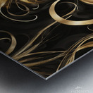 A swirling abstract design featuring vibrant golden and dark black elements creating a dynamic flower-like shape. Delicate elongated tendrils extend outward interspersed with bright shimmering points of light against a dark background conveying a sense... Metal print