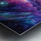 A surreal cosmic landscape featuring a winding river of glowing blue and purple light. The river flows through dark textured mountains under a starry sky. A large luminous planet hovers in the background casting a gentle light on the scene with a vibrant. Metal print