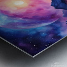 A surreal cosmic landscape featuring a winding river of glowing blue and purple light. The river flows through dark textured mountains under a starry sky. A large luminous planet hovers in the background casting a gentle light on the scene with a vibrant. Metal print