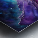 A surreal cosmic landscape featuring a winding river of glowing blue and purple light. The river flows through dark textured mountains under a starry sky. A large luminous planet hovers in the background casting a gentle light on the scene with a vibrant. Metal print