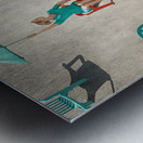 Young blonde woman holding up a turquoise umbrella on a beach sitting through many red and teal chairs in the sand on a sunny day Metal print