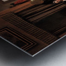 Mother lacing her bodice beside a cradle Metal print