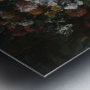 Still life with flowers in a sculpted urn with architectural fragments on a terrace Metal print