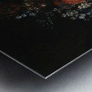 Still life of flowers, including tulips, roses, poppies and viburnum in a sculpted urn,resting on a stone plinth Metal print