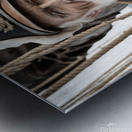 Old sailing ship captain face weathered with old wooden sailing ship in background  Metal print