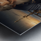 Old sailing ship captain looking at his old brass compass night time with ruff ocean behind him Metal print