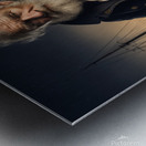 Old sailing ship captain weathered face looking at his old brass compass night time with ruff sea behind him Metal print