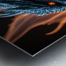 Blue dragon head with orange eyes with flames on the background Metal print