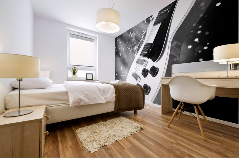 Cosmic Sounds Black and White Electric Guitar Mural print