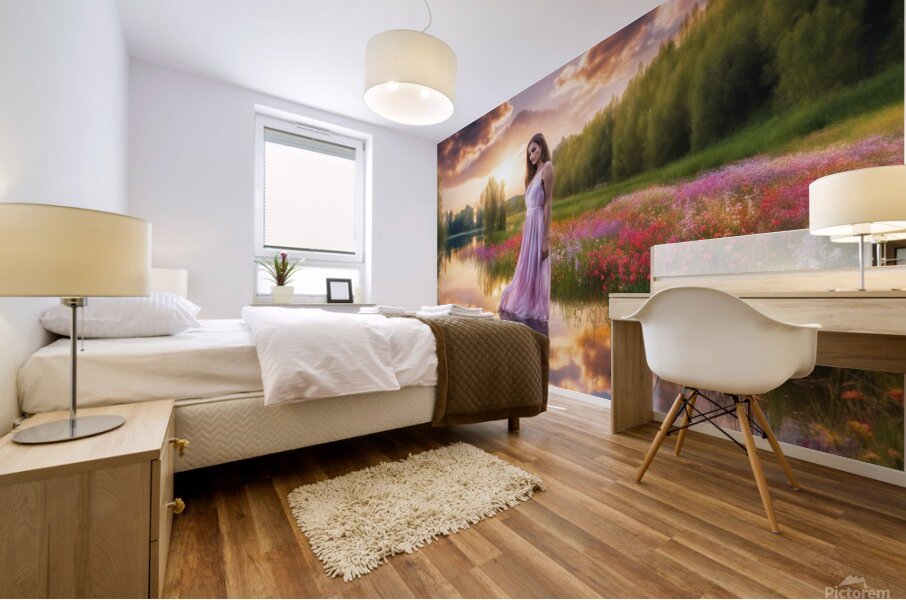 Girl in the stream at sunset Mural print