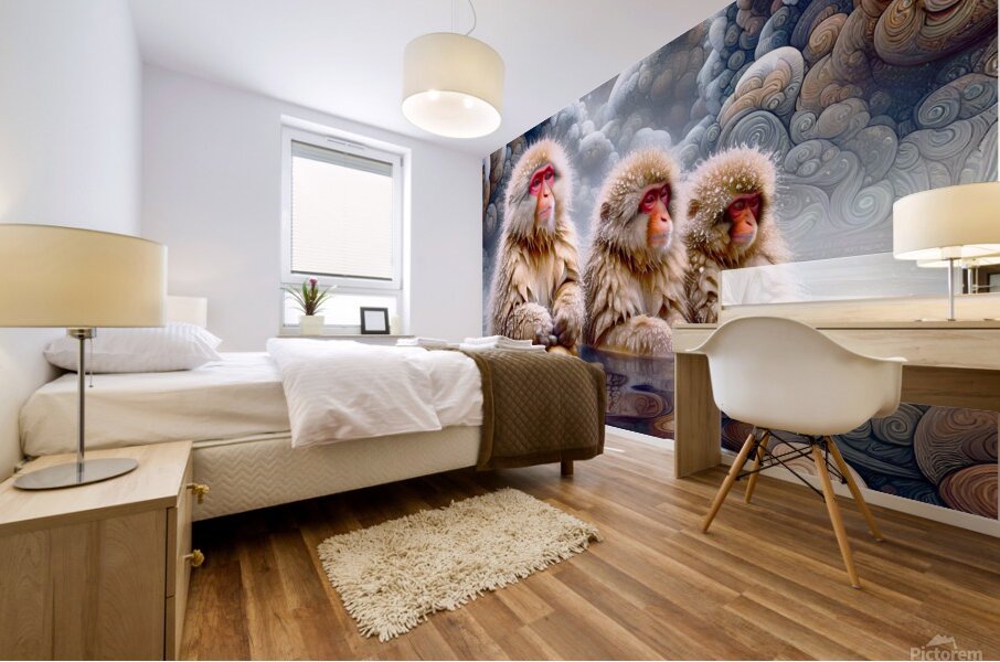 Macaques in hot spring Mural print