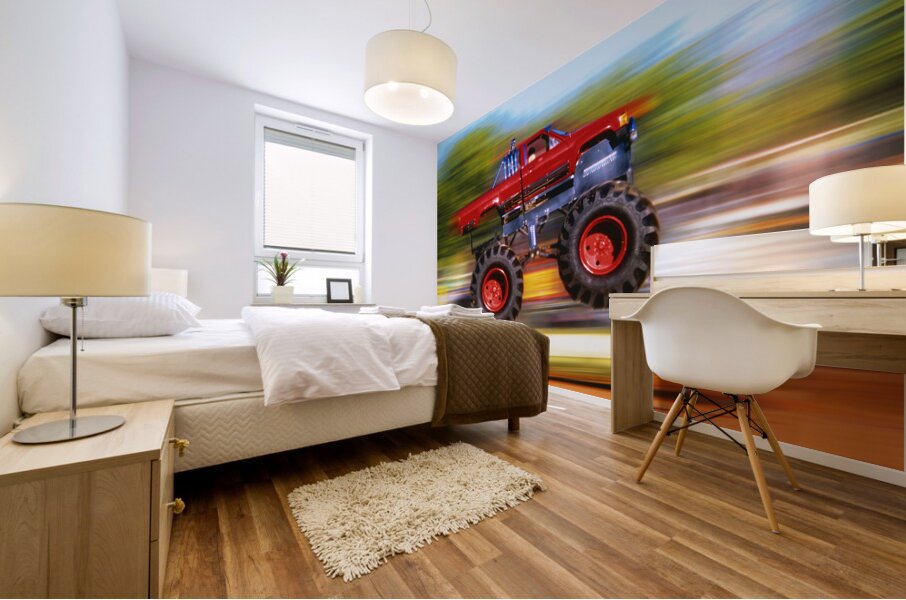 BIG WHEELED RED TRUCK JUMPING BLURRED BACKGROUND 184837 Mural print