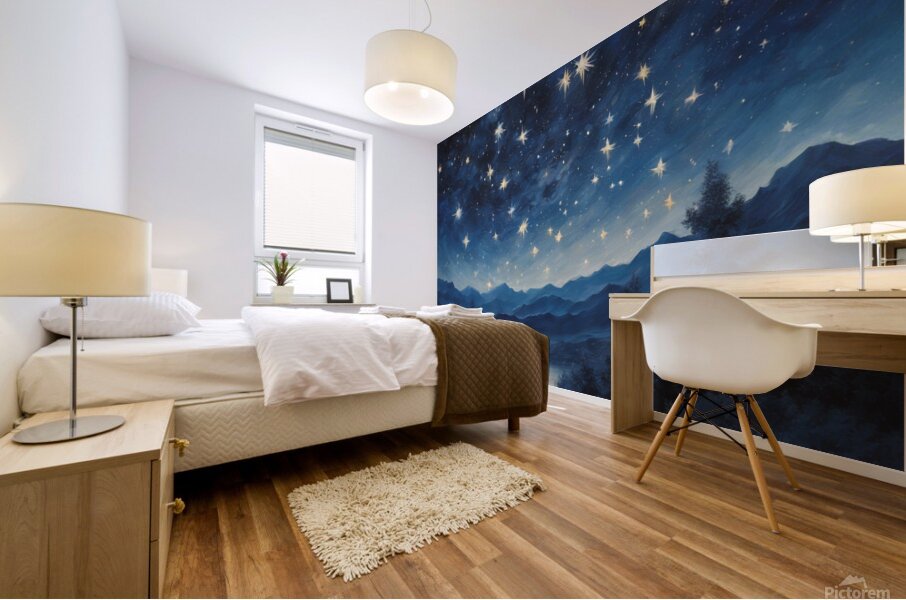 Gaze upon the heavens with this celestial masterpiece. Stars twinkle against a backdrop of deep indigo inviting viewers to lose themselves in the vastness of space and time. Mural print