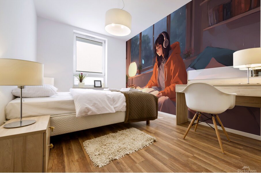 0   An anime girl in a cozy bedroom listening to Mural print
