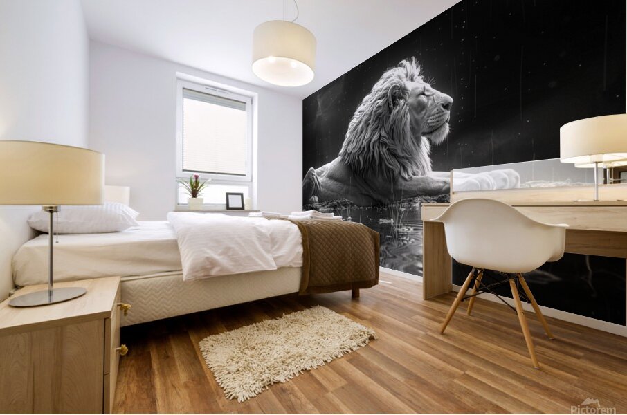 Majestic repose a lion in monochrome reflection Mural print