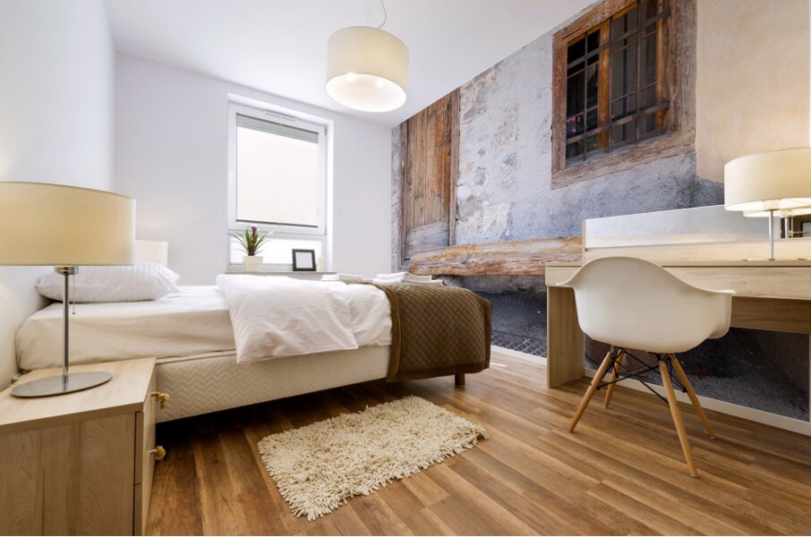 Italian Dolomite Mountains Old Wood Door and Bench Mural print