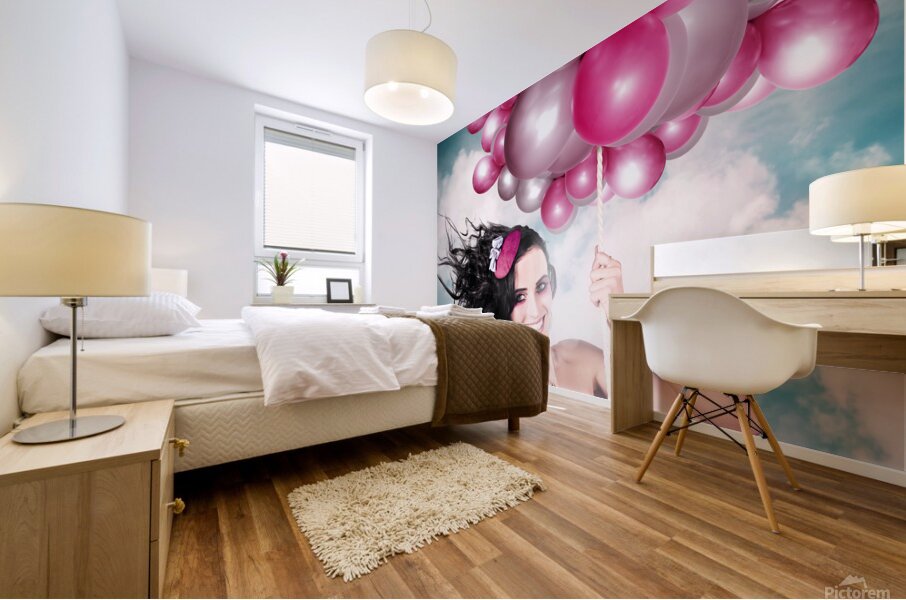 Celebration. Happy Fashion Woman Holding Balloons Mural print