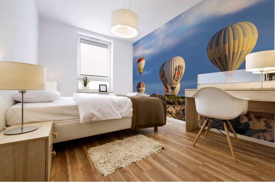 Hot air balloons fly over Goreme. Turkey Mural print