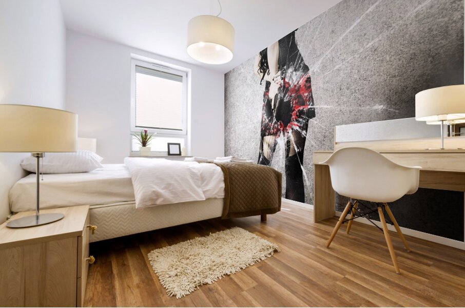 Sexy brunette woman holding gun with deadly style Mural print