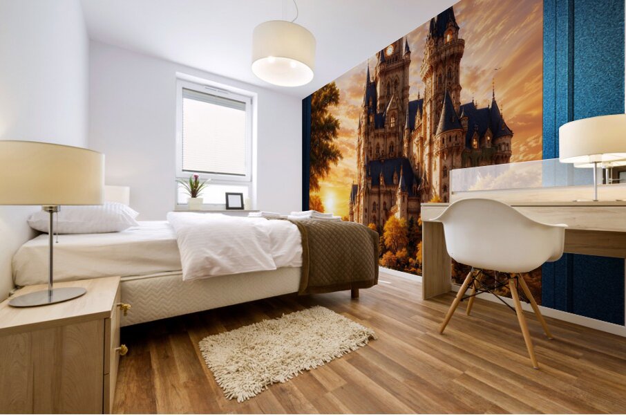 Fantasy Castle With Bridges Over A River by Sunset Astonishing AI Concept Art Portrait by Xzendor7 Mural print