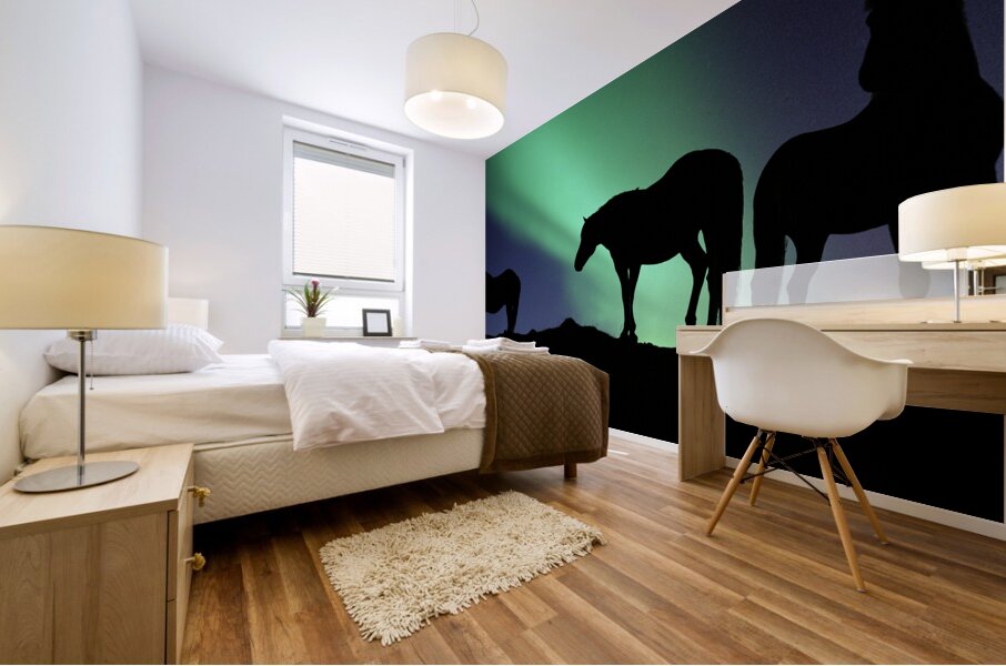 Aurora Borealous Silhouette of horses at dusk Iceland 123985 Mural print