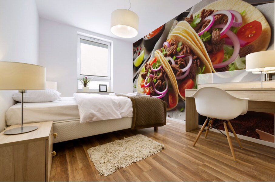 Delicious tacos on a plate placed on wooden table 1714682769.5112 Mural print