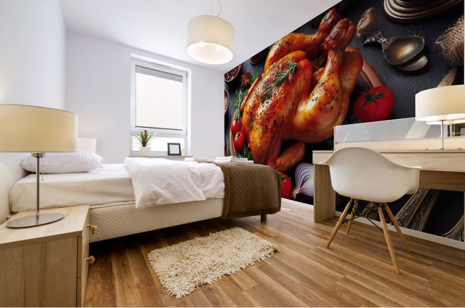 Roasted chicken on wooden board 9 Mural print