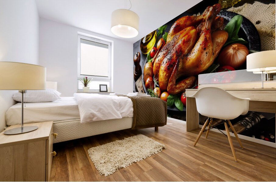 Roasted chicken on wooden board 11 Mural print
