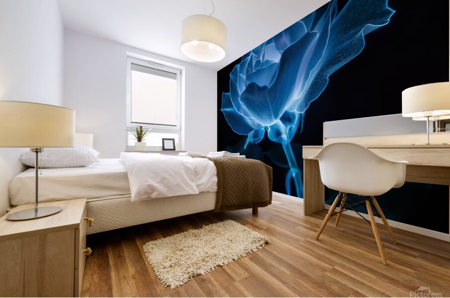Blue Bioluminescent Rose Black Background Mural print