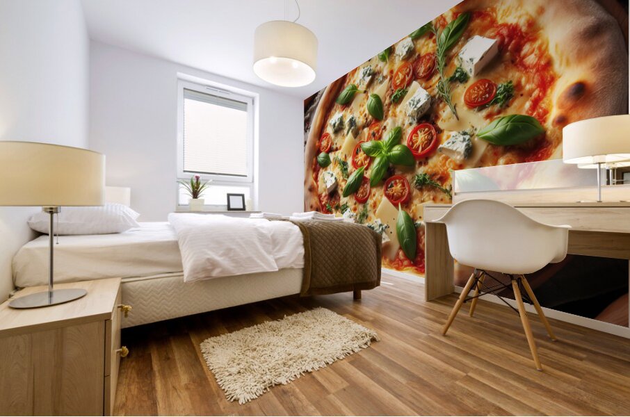 a delicious Italian salami cheese pizza over a wo Mural print