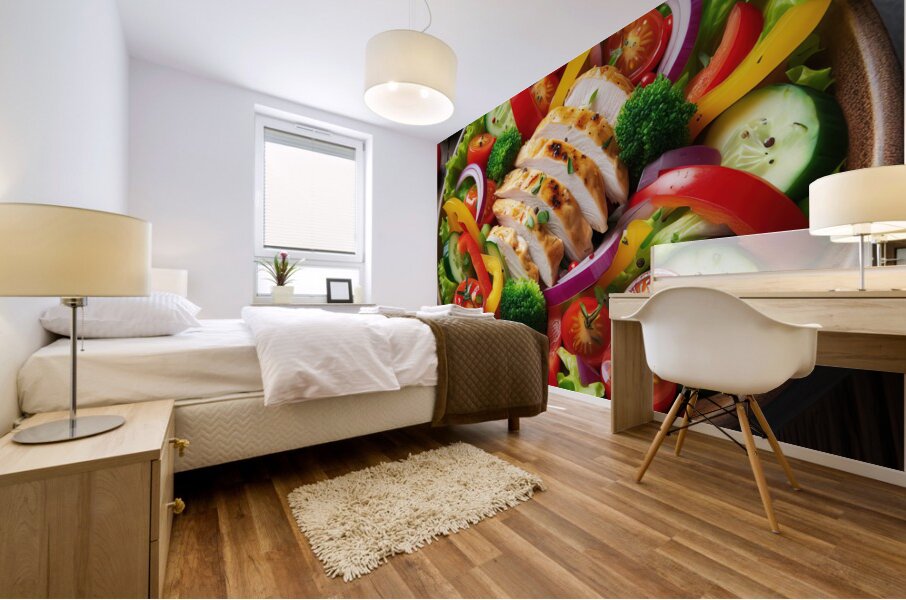 Chicken salad with tomato lettuce on wooden board 1715271873.2538 Mural print