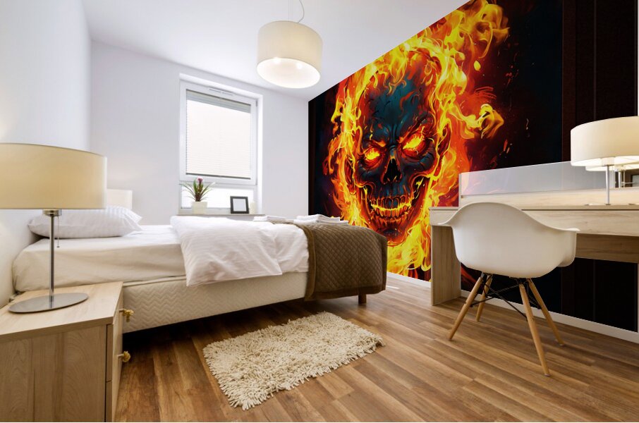 Fiery Flaming Skull Graffiti Abstract Frightening AI Concept Art by Xzendor7 Mural print