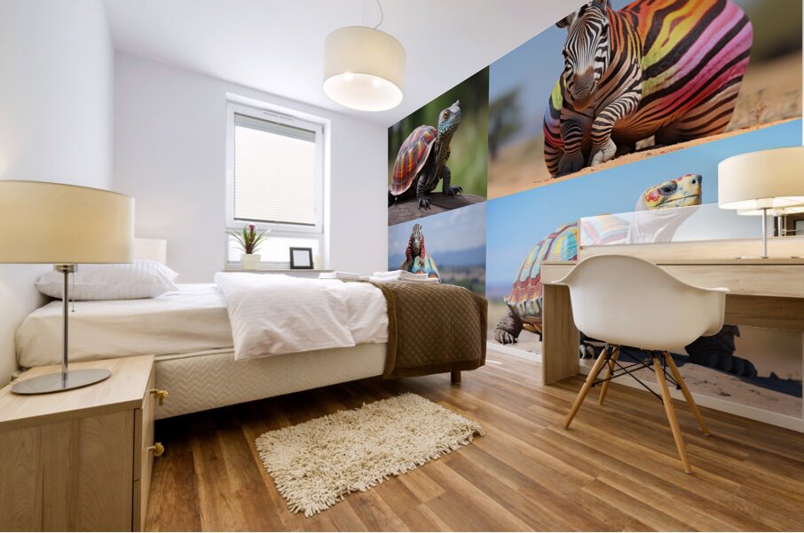 A colorful tortoise sitting on a zebra in Afric 1 Mural print