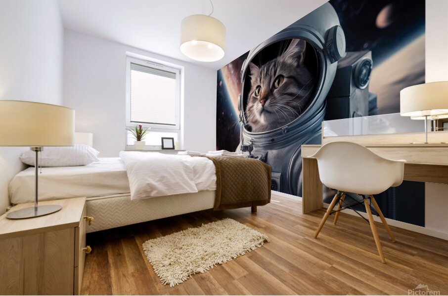 a captivating image of a cat wearing a space suit Mural print