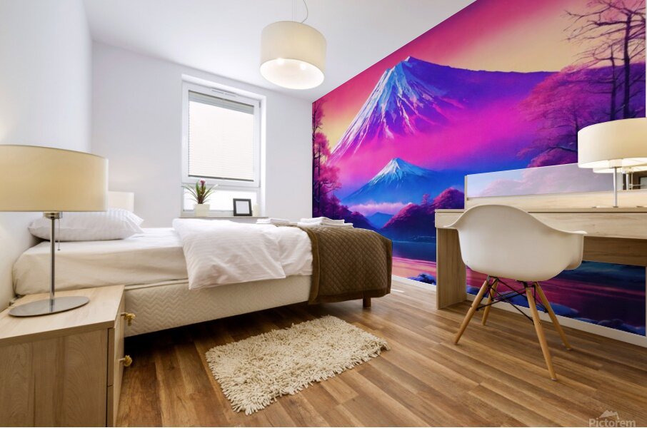synthwave style snowy fuji yama future Mural print