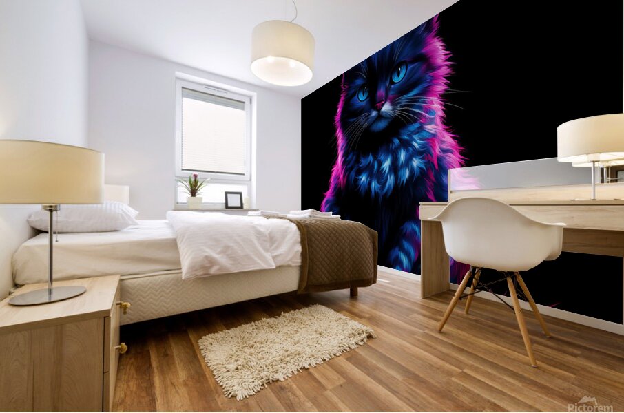 A vibrant neon-illuminated depiction of a cat. The cat has a dark Mural print