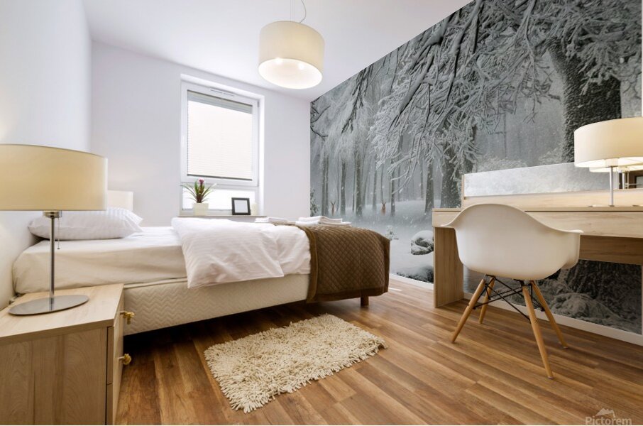 a serene and picturesque winter scene with a gent Mural print