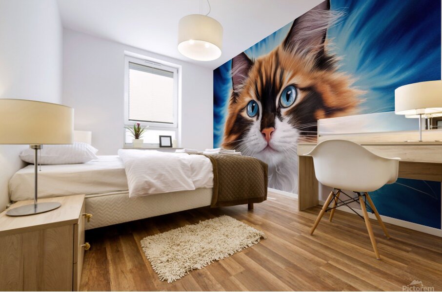 A majestic cat with a mixture of orange and white fur. Her stunning blue eyes are the focal point Mural print