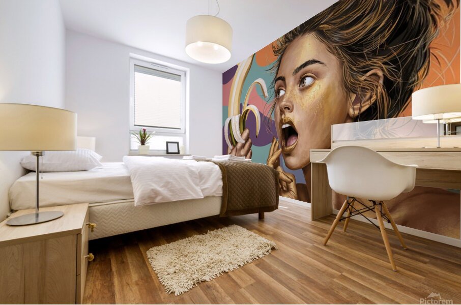 a captivating illustration featuring a young woman Mural print