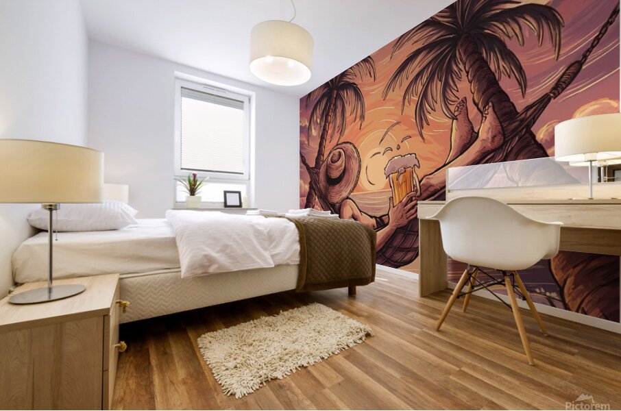 For a stunning sunset it shows a figure lying in a hammock between two coconut trees. Mural print