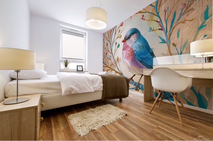 a vibrant and whimsical illustration of a bird pe Mural print