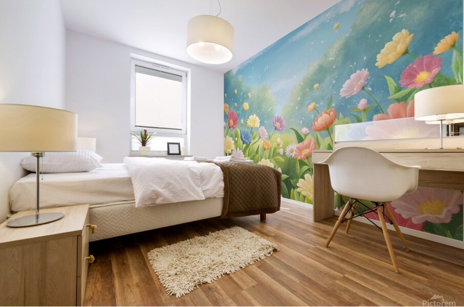 a serene and peaceful scene of a lush garden fill Mural print