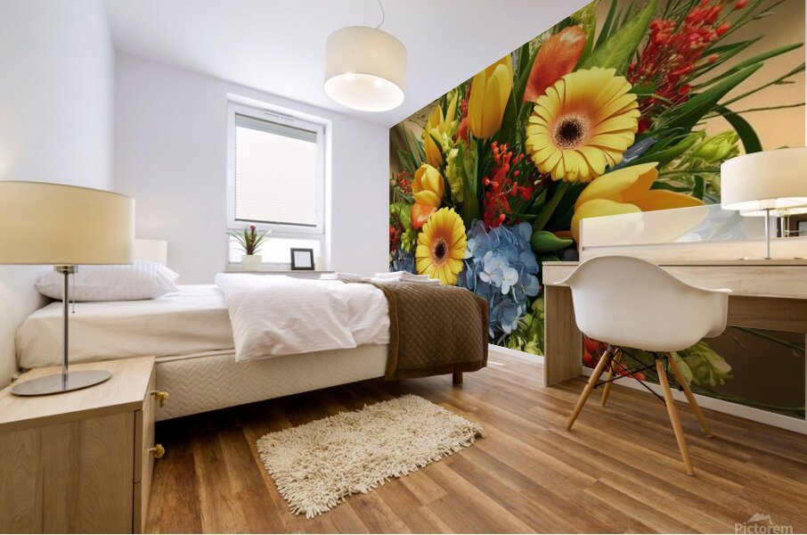 Bright yellow tulips and Gerbera Mural print