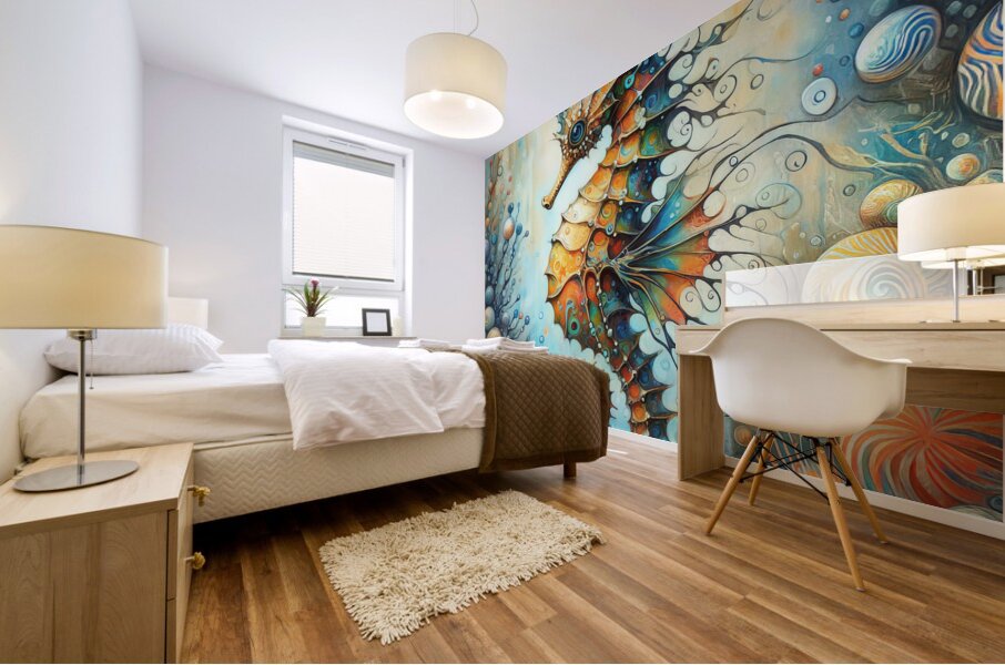 300 Mixed media painting of a whimsical seahorse. Mural print