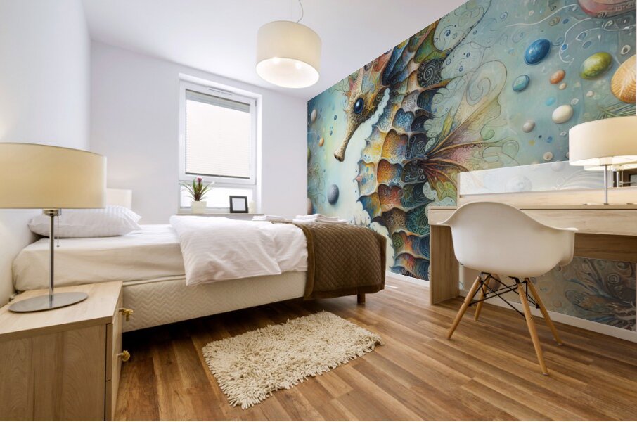 299 Mixed media painting of a whimsical seahorse. Mural print