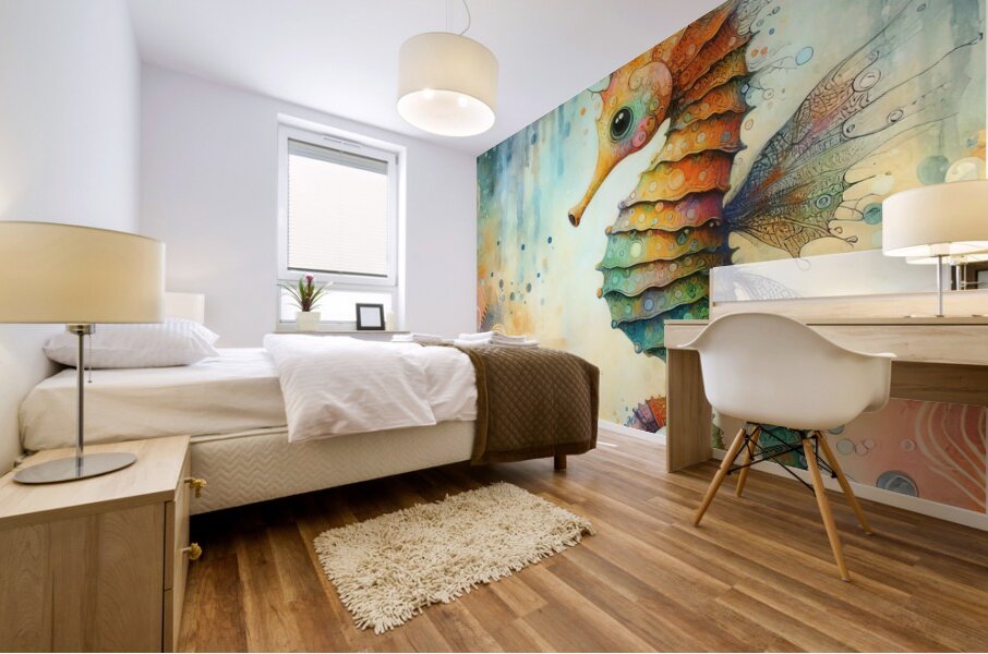 291 Mixed media painting of a whimsical seahorse. Mural print