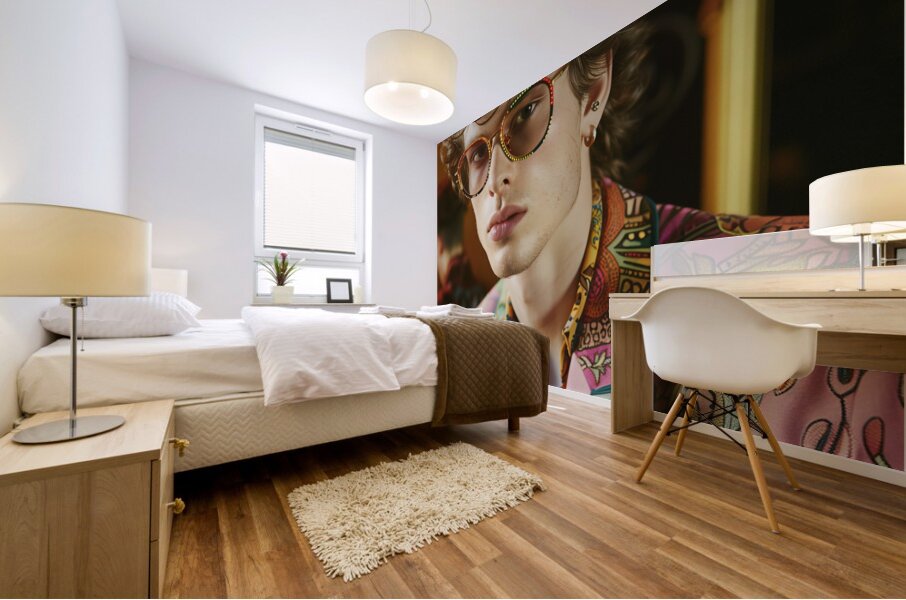 A cool MAN 90s model wearing rectangular glasse 7 Mural print