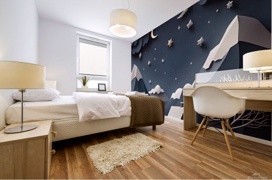 paper cut of a snowy landscape with houses Mural print