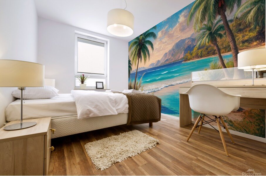 Serene beach landscape with palm trees crystal  Mural print